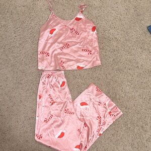 Festive Pink Candy Cane Pajama Set holiday Christmas Santa satin silk Jammie’s